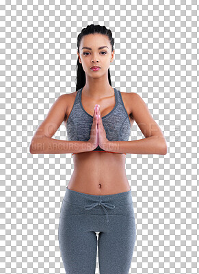 Buy stock photo Yoga, portrait and woman with praying hands on isolated, transparent and png background. Prayer pose, face and meditation by female person for peace, healing or holistic exercise, balance or training