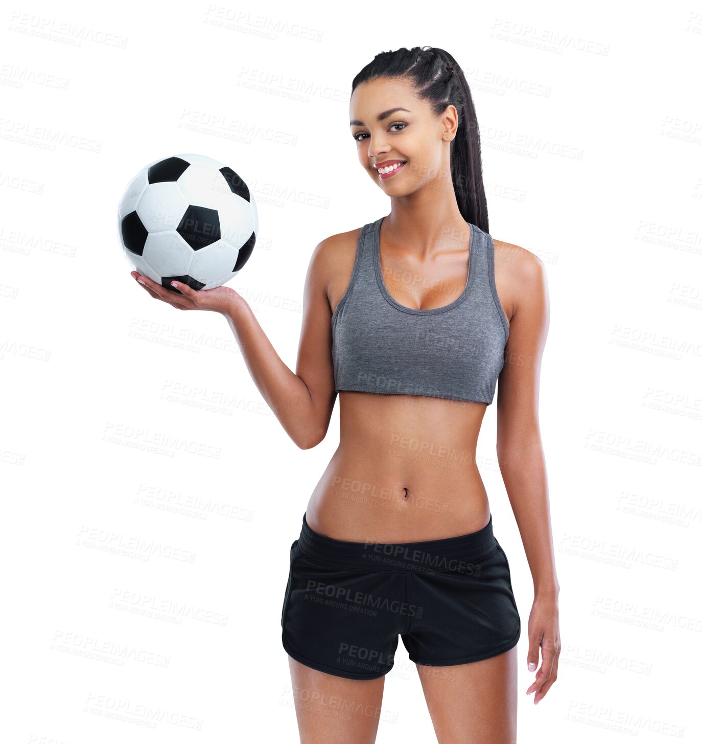Buy stock photo Sports, soccer ball and portrait of happy woman with healthy lifestyle on isolated, transparent and png background. Training, face and female football player smile for fitness, exercise or workout