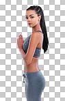 Cropped portrait of a female athlete meditating isolated on a png background