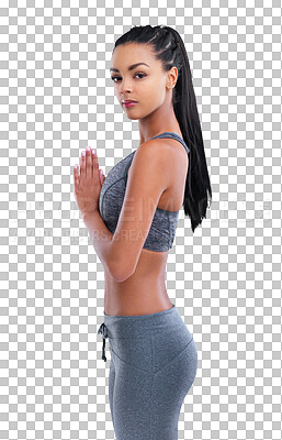 Buy stock photo Meditation, woman and portrait with yoga fitness isolated on a transparent, png background. Body, relax pilates and zen namaste of a young female person with wellness and healthy care practise