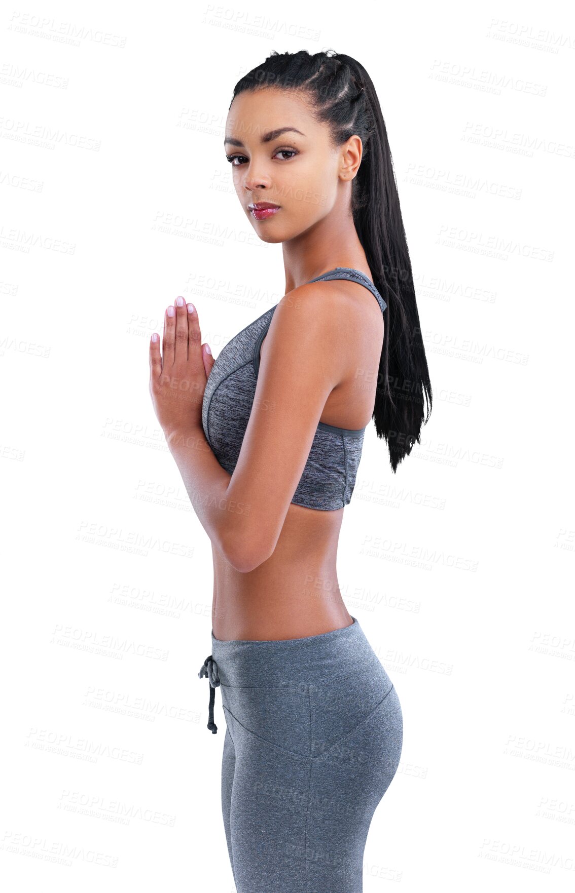 Buy stock photo Meditation, woman and portrait with yoga fitness isolated on a transparent, png background. Body, relax pilates and zen namaste of a young female person with wellness and healthy care practise