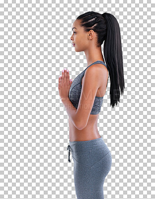 Buy stock photo Praying hands, yoga and profile of woman on transparent, isolated and png background. Side, fitness and female in prayer pose for peace, mental health and healing, wellness and holistic training