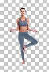 Full length portrait of a female athlete meditating isolated on a png background