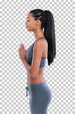 Buy stock photo Meditation, woman and peace with yoga fitness isolated on a transparent, png background. Body, relax pilates and zen namaste of a young female person with wellness and healthy  spiritual care