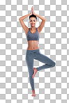 Full length portrait of a female athlete meditating isolated on a png background