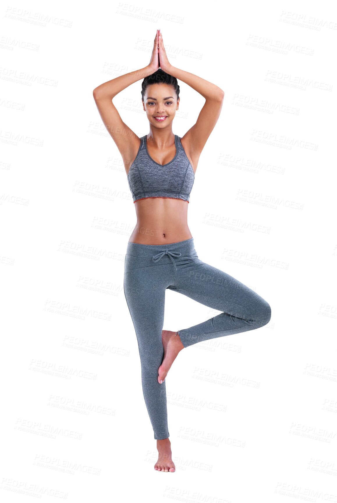 Buy stock photo Balance, yoga and portrait of woman in tree pose with praying hands on isolated, transparent and png background. Meditation, training and happy person in prayer for holistic, fitness or exercise