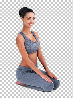 Buy stock photo Woman, sitting and portrait with sport, fitness and exercise clothing with a smile. Young person, female model and isolated on a transparent, png background feeling happy from health and wellness