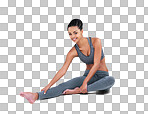 Full length portrait of a female athlete stretching isolated on a png background