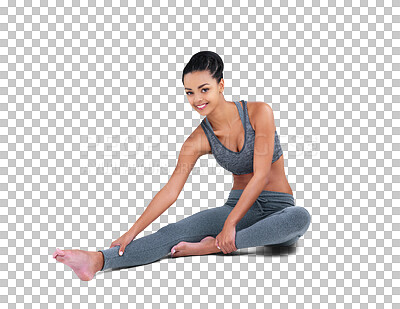 Buy stock photo Woman, leg stretching and portrait with sport, fitness and exercise with a smile. Young person, female model warmup and isolated on transparent, png background feeling happy from health and wellness