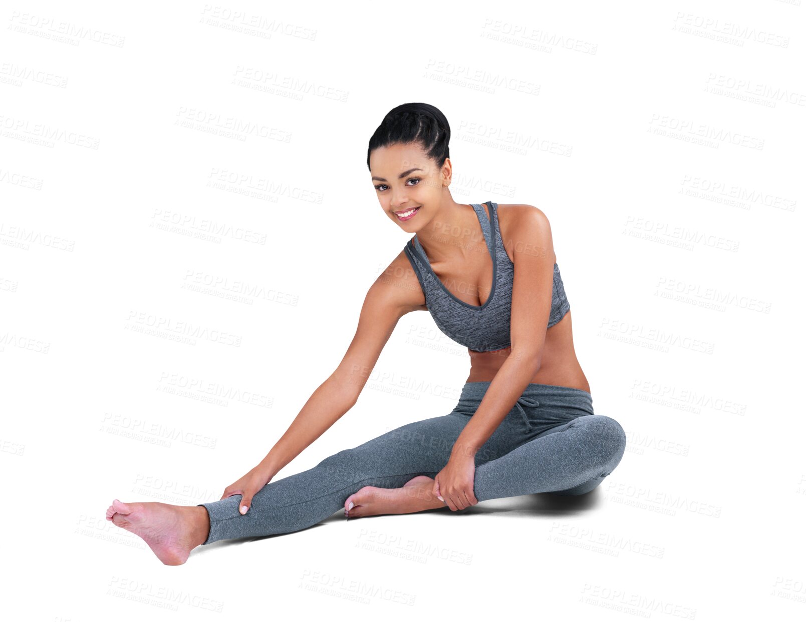 Buy stock photo Woman, leg stretching and portrait with sport, fitness and exercise with a smile. Young person, female model warmup and isolated on transparent, png background feeling happy from health and wellness