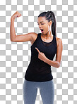 Cropped shot of a female athlete showing you her bicep isolated on a png background