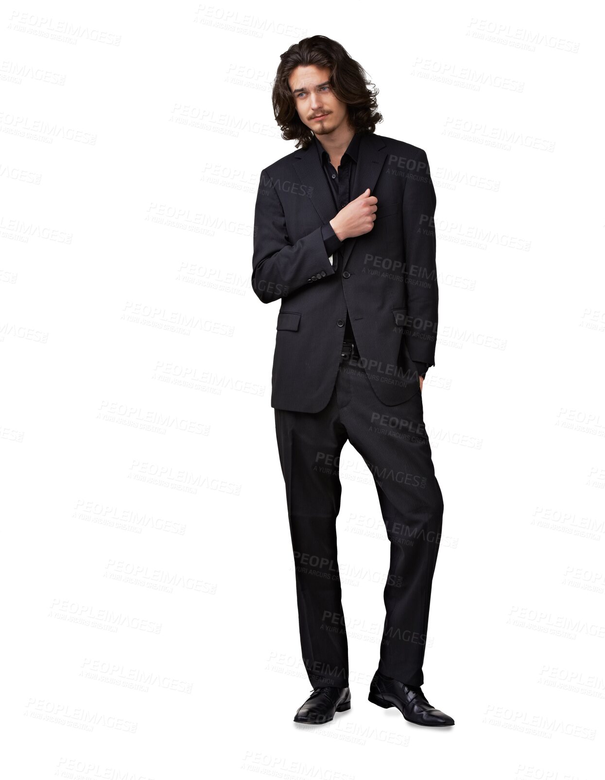 Buy stock photo Fashion, style and man in suit isolated on transparent png background with designer black clothes and trendy pose. Handsome young male model with cool style or formal wear for retro aesthetic