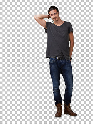 Buy stock photo Man, portrait and casual fashion with hipster style isolated on a transparent, png background. Young person, male model and confidence with modern and cool clothing alone with edgy, jeans and pose 