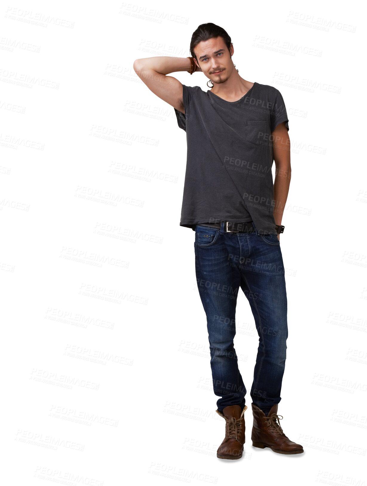 Buy stock photo Man, portrait and casual fashion with hipster style isolated on a transparent, png background. Young person, male model and confidence with modern and cool clothing alone with edgy, jeans and pose 