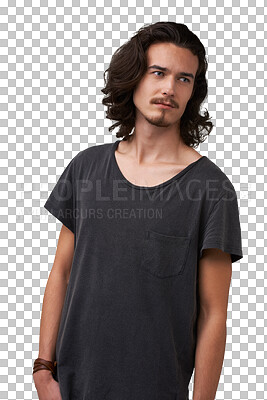 Buy stock photo Handsome, thinking and man with casual fashion on isolated, transparent and png background. Punk, rocker and male model in cool outfit with confidence, edgy or hippie, long hair or grunge aesthetic