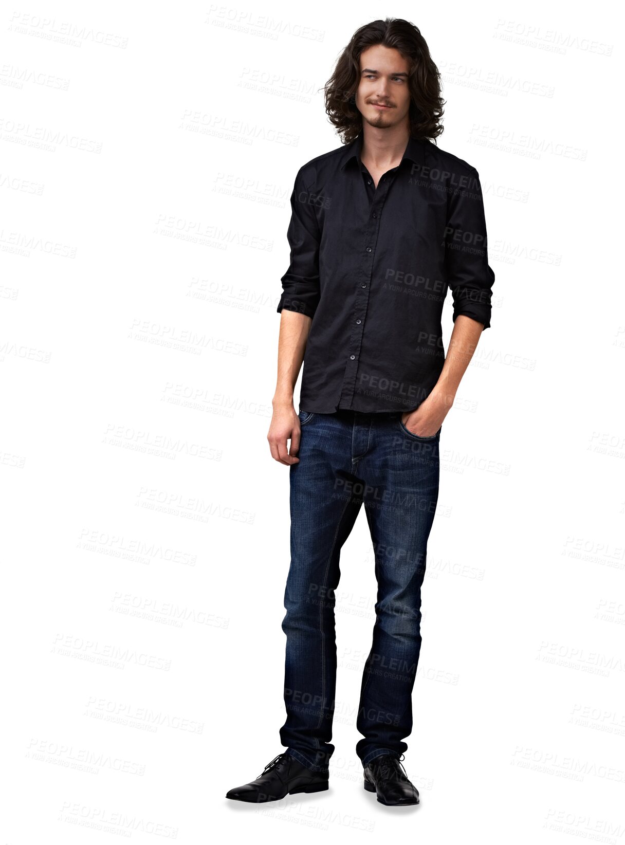 Buy stock photo Thinking, fashion and man with long hair on isolated, transparent and png background, thoughtful or Spanish. Trendy, punk and male model in modern casual clothes, outfit and grunge aesthetic  