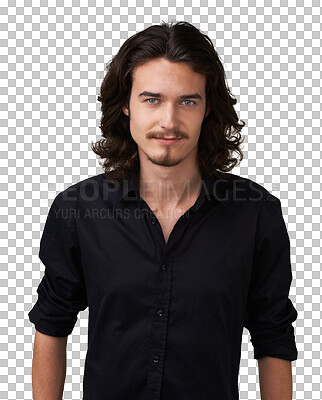 Buy stock photo Portrait, punk and man with fashion, trendy and casual on isolated, transparent and png background. Face, smile and hippie male with long hair and cool, young and rock n roll style or aesthetic 