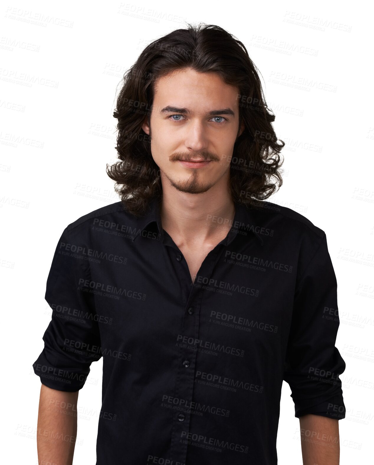 Buy stock photo Portrait, punk and man with fashion, trendy and casual on isolated, transparent and png background. Face, smile and hippie male with long hair and cool, young and rock n roll style or aesthetic 