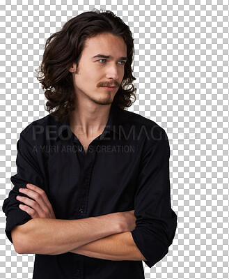 Buy stock photo Arms folded, thinking and man with casual fashion on isolated, transparent and png background. Daydreaming, thoughtful and handsome male model person proud with modern, long hair or grunge aesthetic