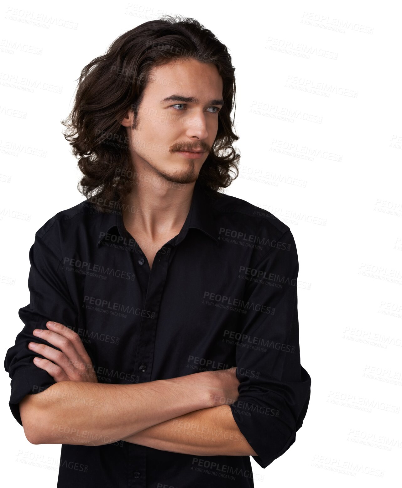 Buy stock photo Arms folded, thinking and man with casual fashion on isolated, transparent and png background. Daydreaming, thoughtful and handsome male model person proud with modern, long hair or grunge aesthetic