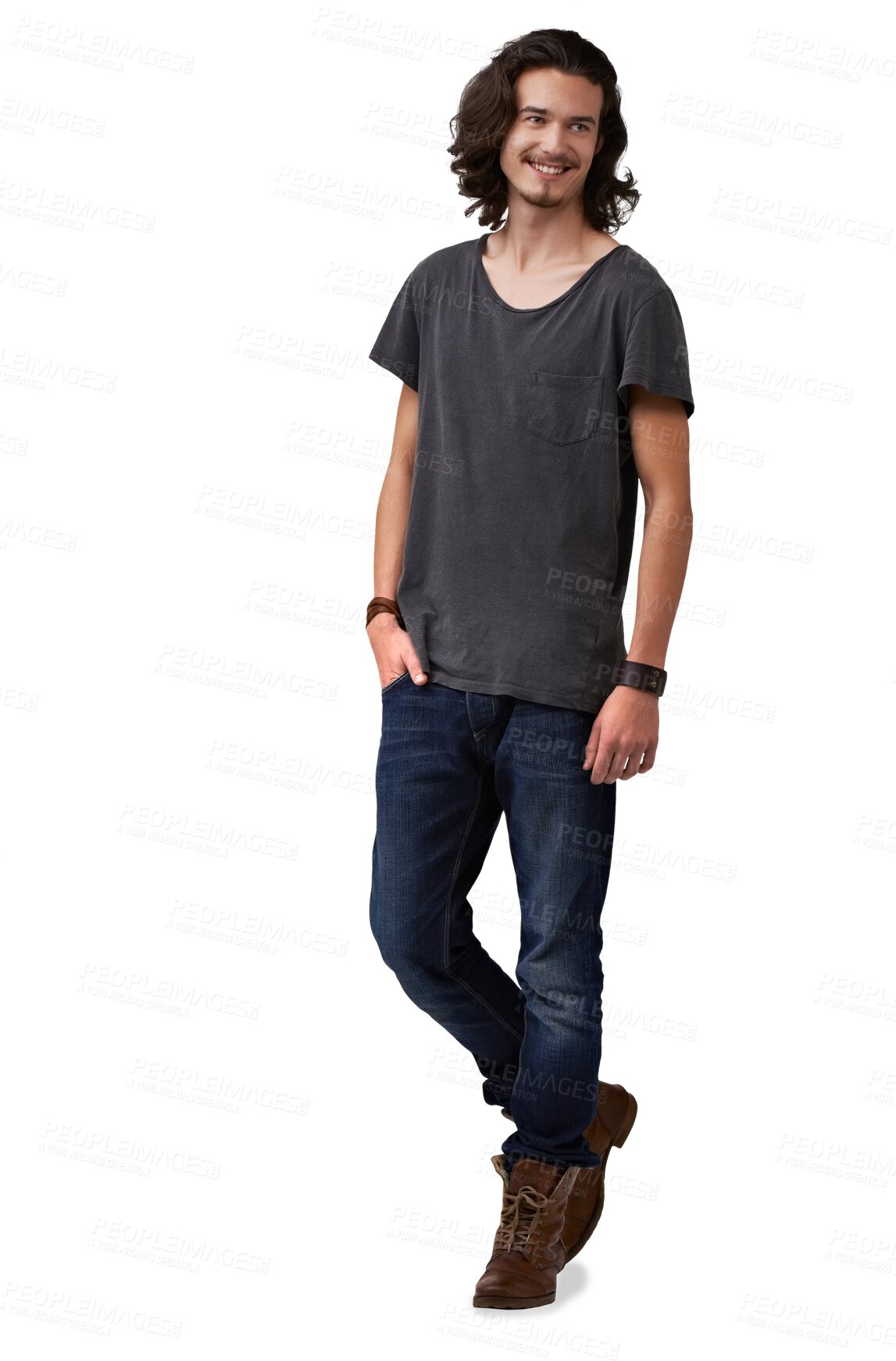 Buy stock photo Fashion, smile and modern clothes for man on transparent, isolated or png background. Happy, style and hippie male model with long hair, cool and handsome with grunge, punk or rocker aesthetic