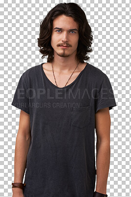 Buy stock photo Portrait, man and casual fashion on transparent, isolated and png background, serious and confident. Long hair, modern and face of male model in emo clothes with rocker, punk and grunge aesthetic