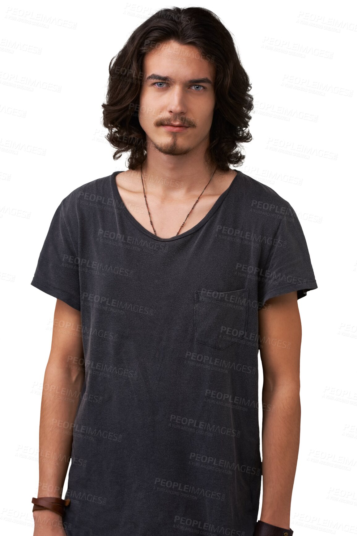 Buy stock photo Portrait, man and casual fashion on transparent, isolated and png background, serious and confident. Long hair, modern and face of male model in emo clothes with rocker, punk and grunge aesthetic