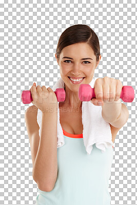 Buy stock photo Fitness, portrait and happy woman with dumbbell for weight training on transparent, isolated and png background. Weightlifting, face and female bodybuilder smile for muscle, exercise and workout