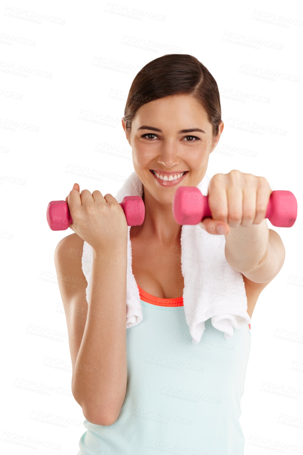 Buy stock photo Fitness, portrait and happy woman with dumbbell for weight training on transparent, isolated and png background. Weightlifting, face and female bodybuilder smile for muscle, exercise and workout