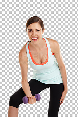 Buy stock photo Dumbbell, fitness and portrait of happy woman training on isolated, transparent and png background. Face, weights and female smile while weightlifting for bodybuilding workout, exercise and power