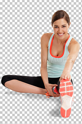 Buy stock photo Portrait, fitness and woman stretching leg for pilates warm up on isolated, transparent and png background. Feet, stretch and face of female person happy while training, exercise and body workout