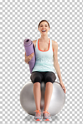 Buy stock photo Isolated woman, ball and yoga mat in portrait, smile and fitness by transparent png background. Excited girl, training and workout for health, wellness and happy with motivation for strong body