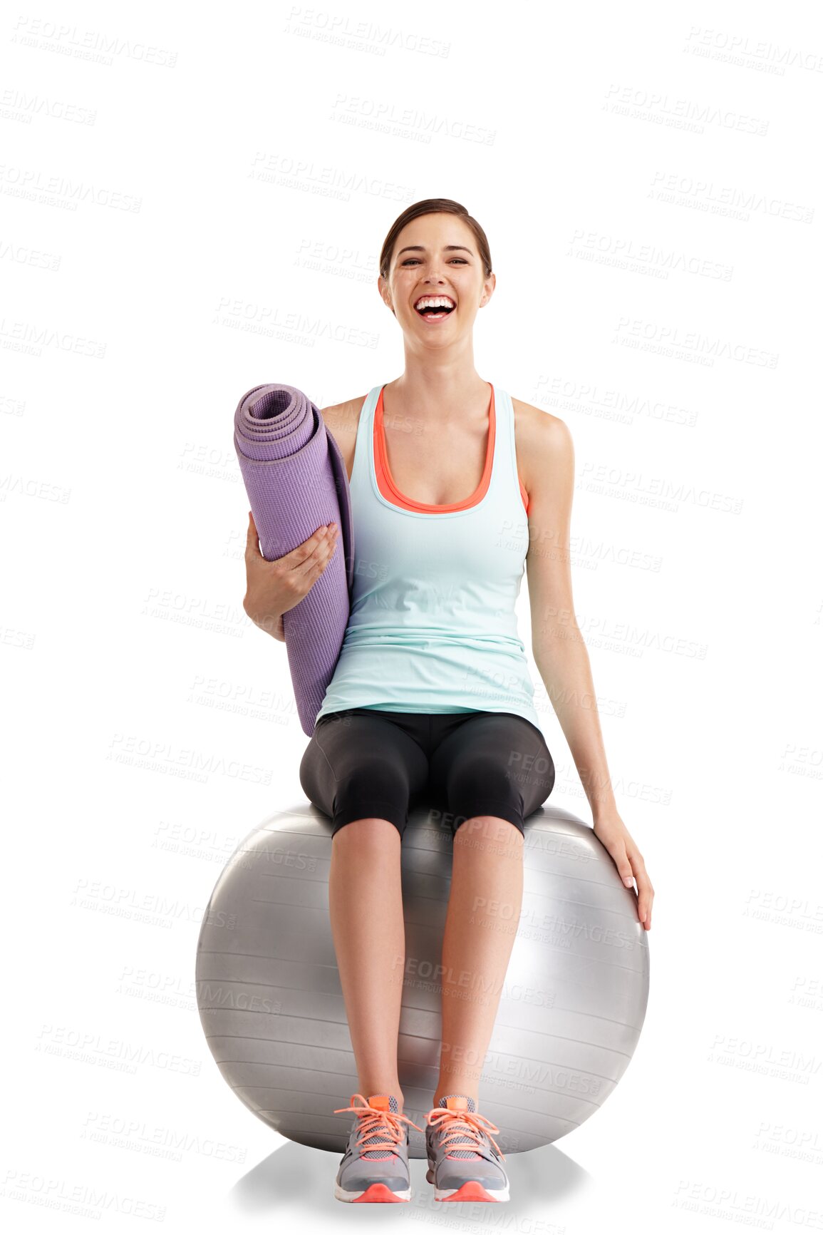 Buy stock photo Isolated woman, ball and yoga mat in portrait, smile and fitness by transparent png background. Excited girl, training and workout for health, wellness and happy with motivation for strong body