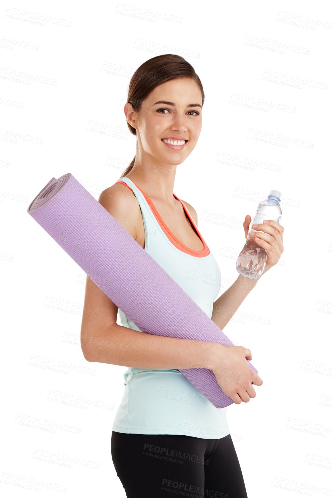 Buy stock photo Isolated woman, yoga mat and water in portrait, smile and fitness by transparent png background. Girl, training and workout with bottle for health, wellness and happy with motivation for strong body