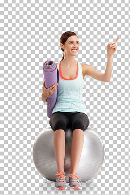 Buy stock photo Isolated woman, point and sitting on ball for exercise, yoga mat and advertising by transparent png background. Girl, training and workout for health, wellness or happy with marketing for strong body