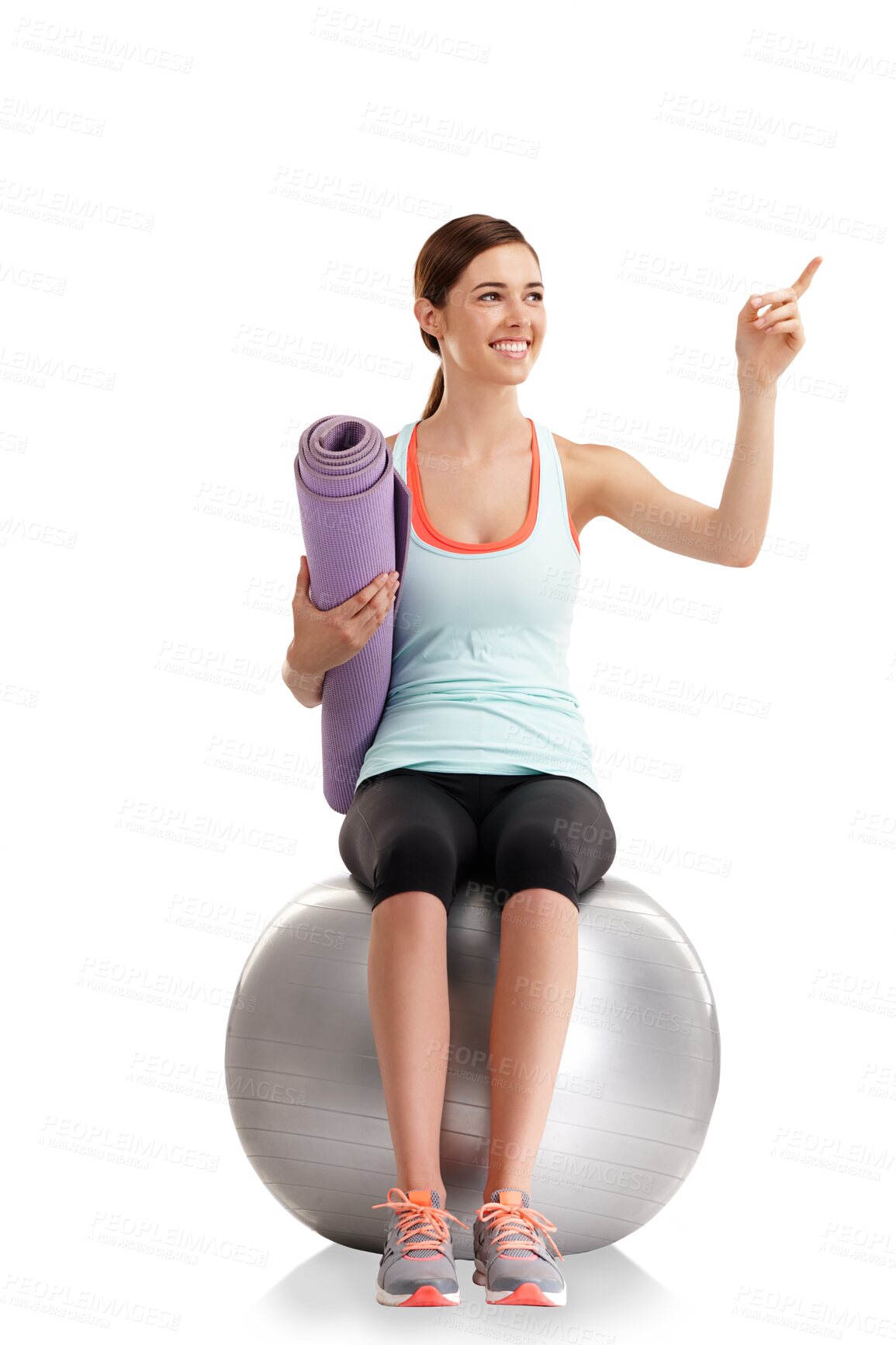 Buy stock photo Isolated woman, point and sitting on ball for exercise, yoga mat and advertising by transparent png background. Girl, training and workout for health, wellness or happy with marketing for strong body