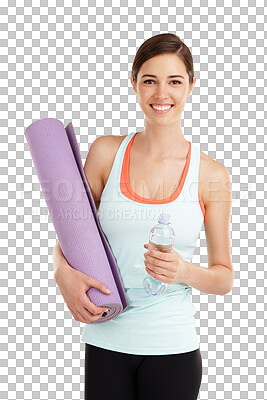 Buy stock photo Yoga mat, water and fitness portrait of happy woman ready for training, workout or wellness exercise. Liquid hydration beverage, pilates girl or thirsty person isolated on transparent, png background