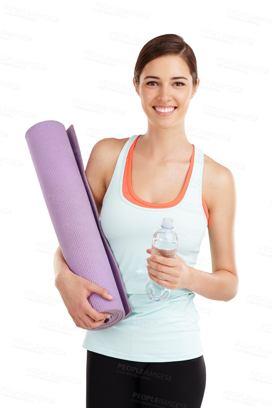 Buy stock photo Yoga mat, water and fitness portrait of happy woman ready for training, workout or wellness exercise. Liquid hydration beverage, pilates girl or thirsty person isolated on transparent, png background