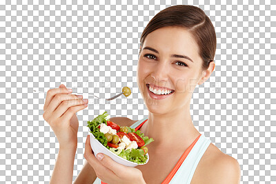 Buy stock photo Healthy eating, portrait and woman with salad for lose weight diet on isolated, transparent and png background. Vegetarian, food and face of female nutritionist happy with raw, vegetables and recipe 