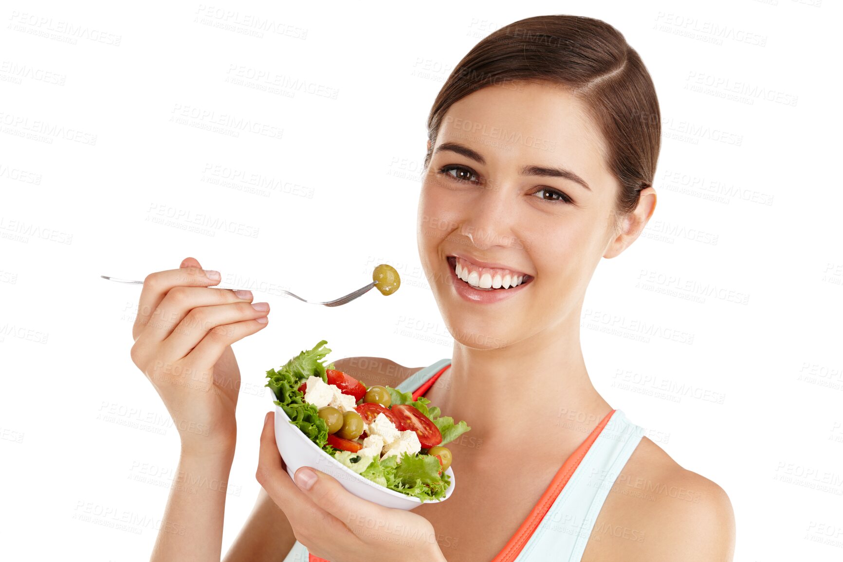 Buy stock photo Healthy eating, portrait and woman with salad for lose weight diet on isolated, transparent and png background. Vegetarian, food and face of female nutritionist happy with raw, vegetables and recipe 