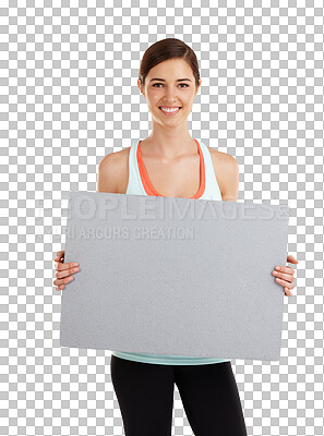 Buy stock photo Mockup, portrait and woman with poster for gym, fitness and advertising on isolated, transparent and png background. Paper, billboard and female personal trainer with space for training or workout