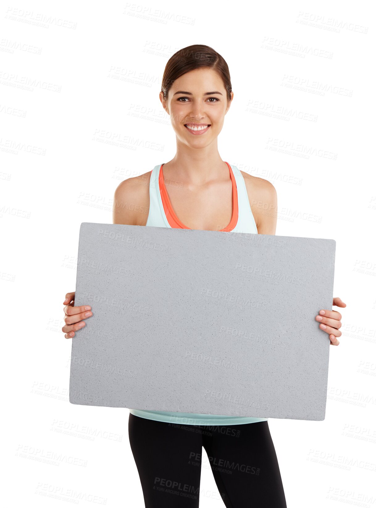 Buy stock photo Mockup, portrait and woman with poster for gym, fitness and advertising on isolated, transparent and png background. Paper, billboard and female personal trainer with space for training or workout