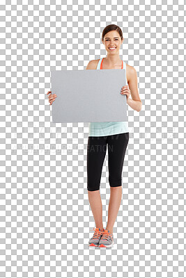 Buy stock photo Banner, portrait and woman with poster for gym, fitness and advertising on isolated, transparent and png background. Paper, billboard and female personal trainer with space for training or workout