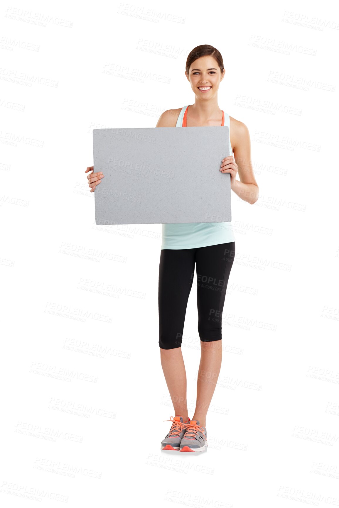 Buy stock photo Banner, portrait and woman with poster for gym, fitness and advertising on isolated, transparent and png background. Paper, billboard and female personal trainer with space for training or workout