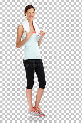 Buy stock photo Fitness portrait, towel and happy woman with water bottle for wellness, body hydration and relax after sports training. Athlete, liquid drink or thirsty person isolated on transparent, png background