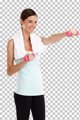 Buy stock photo Dumbbell, training and happy woman exercise on isolated, transparent and png background. Smile, weights and female weightlifting for bodybuilding workout, fitness and arm power, challenge or routine