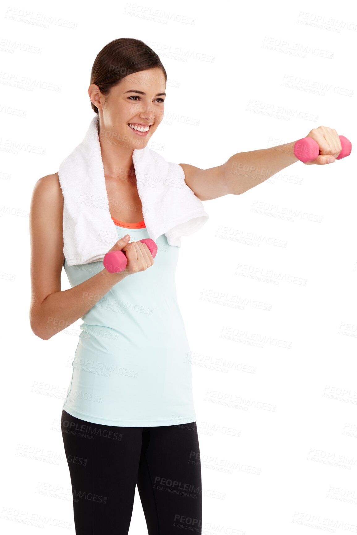 Buy stock photo Dumbbell, training and happy woman exercise on isolated, transparent and png background. Smile, weights and female weightlifting for bodybuilding workout, fitness and arm power, challenge or routine