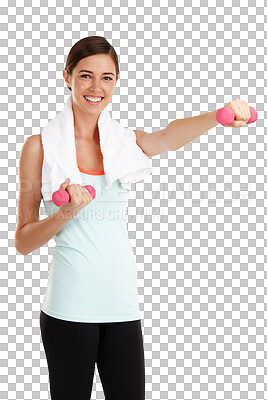 Buy stock photo Exercise, portrait and happy woman with dumbbell for weight training on transparent, isolated and png background. Weightlifting, face and female bodybuilder smile for muscle, fitness and workout