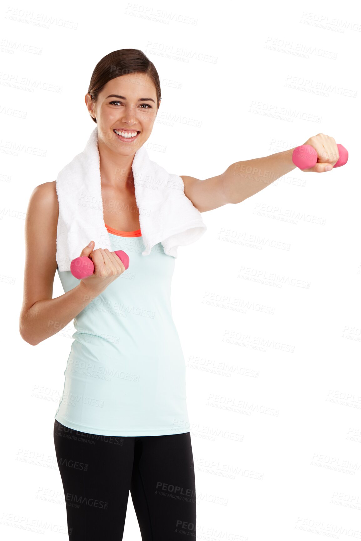 Buy stock photo Exercise, portrait and happy woman with dumbbell for weight training on transparent, isolated and png background. Weightlifting, face and female bodybuilder smile for muscle, fitness and workout