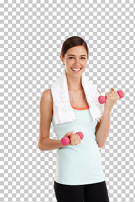 Buy stock photo Dumbbell, exercise and portrait of happy woman training on isolated, transparent and png background. Face, weights and female smile while weightlifting for bodybuilding workout, fitness and power